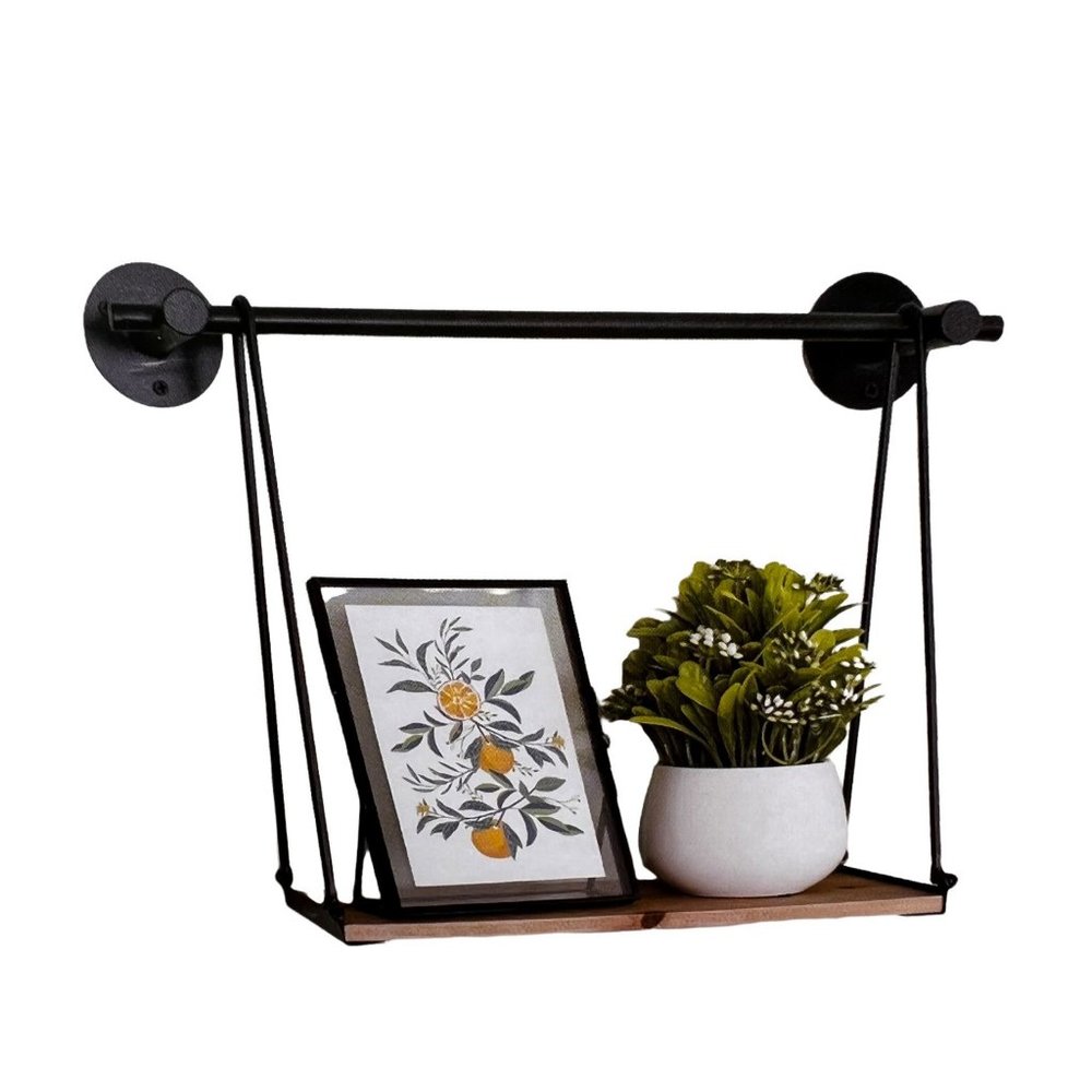 Decocrated Wood and Metal Wall Shelf Hanging Swing Black Iron NIB